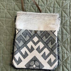 Myra Bag Gray and White Crossbody with Faux Fur and Geometric Design
